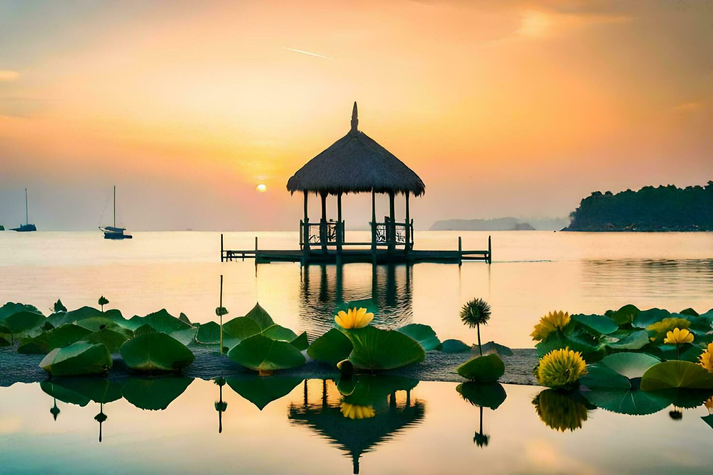 the sun sets over the water and lotus leaves. AI-Generated photo