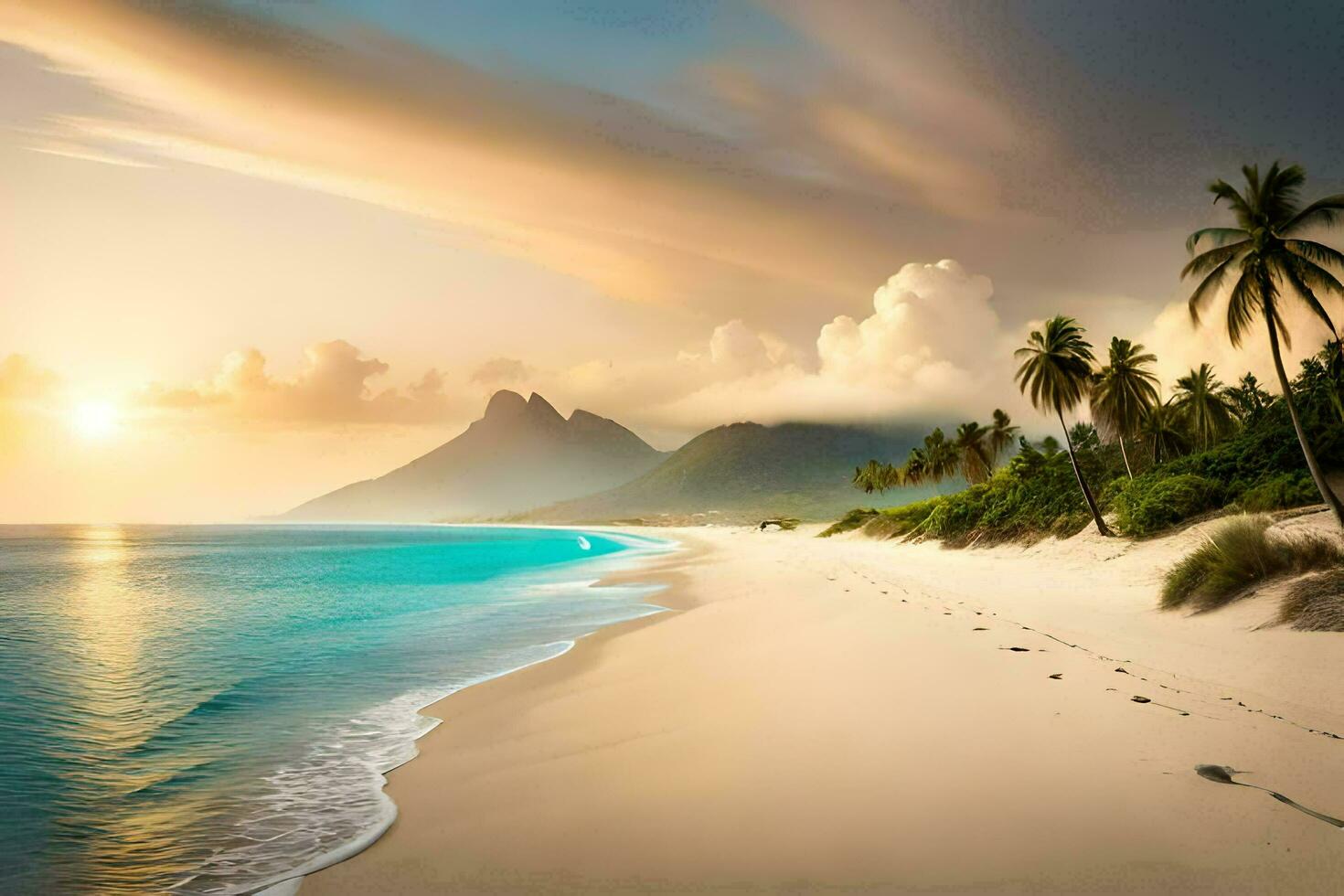 un playa con palma arboles y un montaña en el antecedentes. generado por ai foto