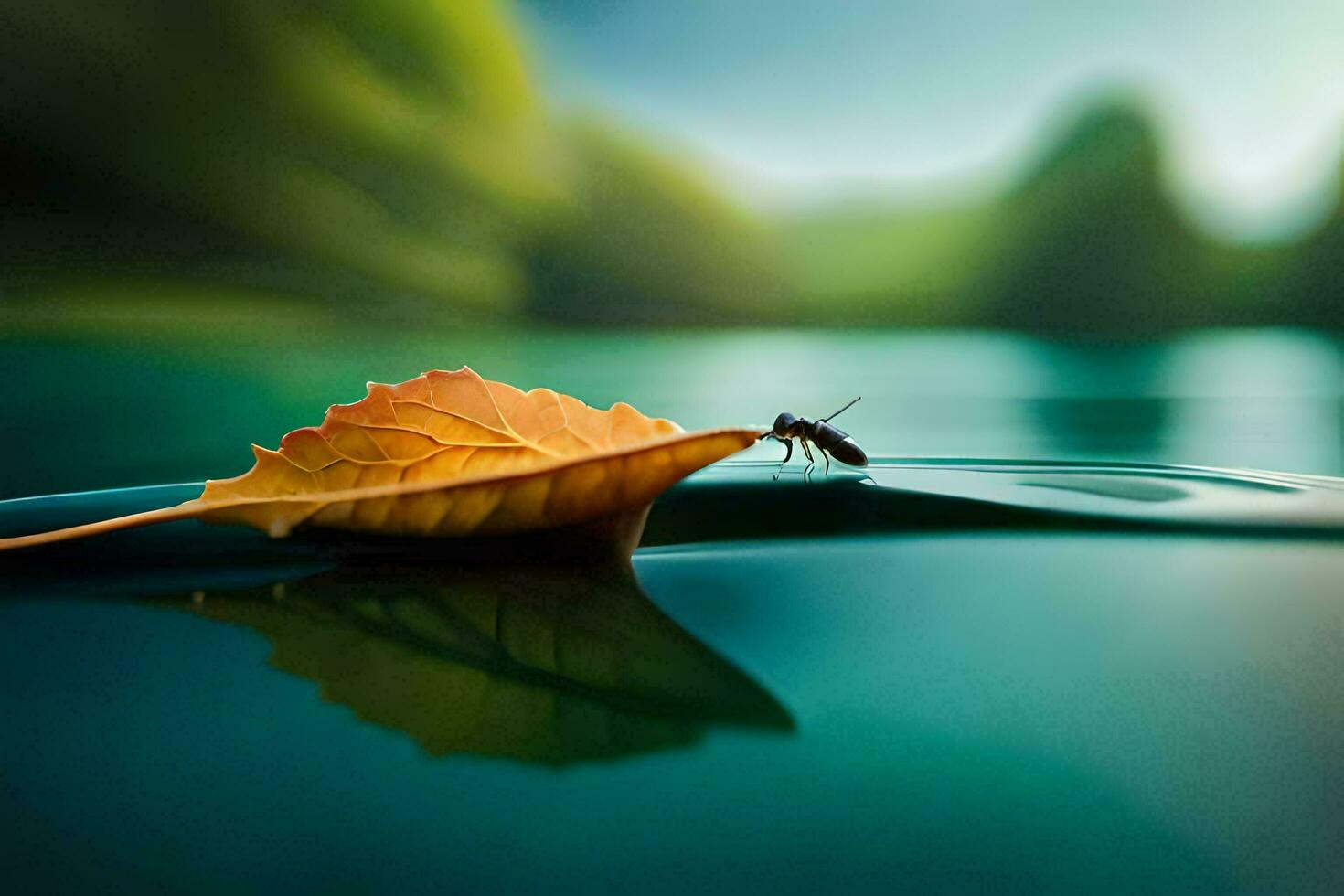 a leaf on the water with a bug on it. AI-Generated photo