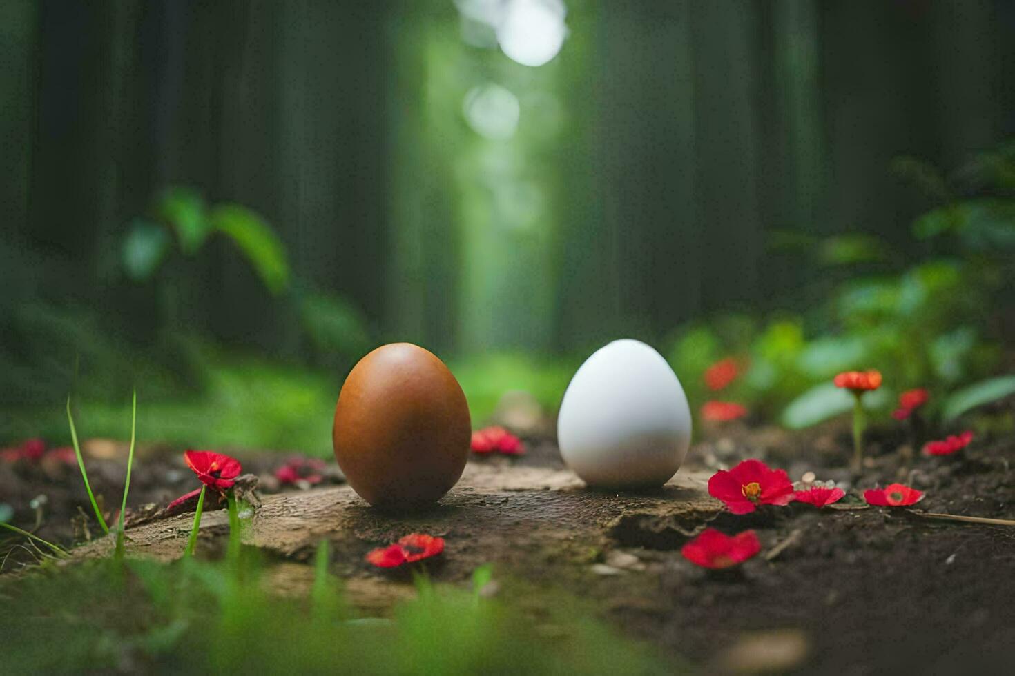 two eggs are sitting in the middle of a forest. AI-Generated photo