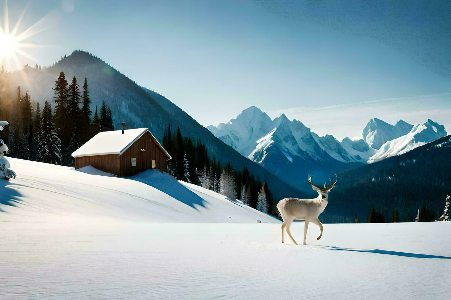 a deer stands in the snow in front of a cabin. AI-Generated photo