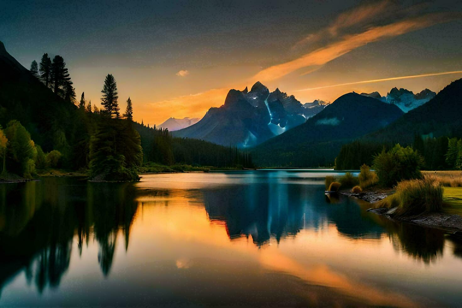 a beautiful sunset over a lake and mountains. AI-Generated photo