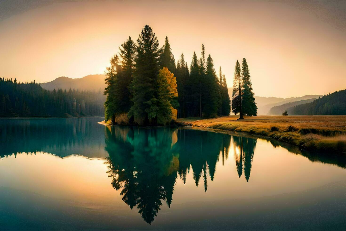 a lake with trees and a mountain in the background. AI-Generated photo