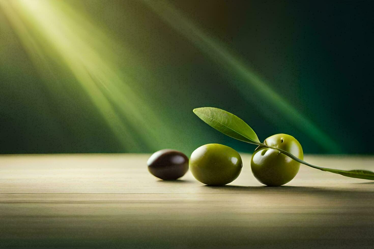 olives on a wooden table with sunlight. AI-Generated photo