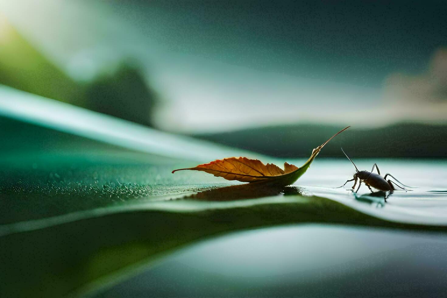 a bug and leaf on the water. AI-Generated photo