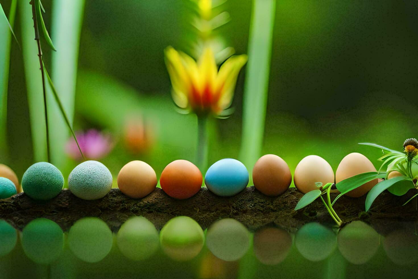 colorful eggs are lined up on a branch. AI-Generated photo