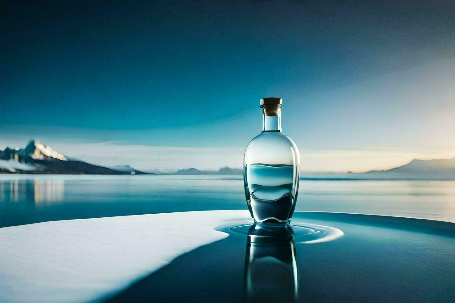 a bottle of water sitting on the edge of a lake. AI-Generated photo