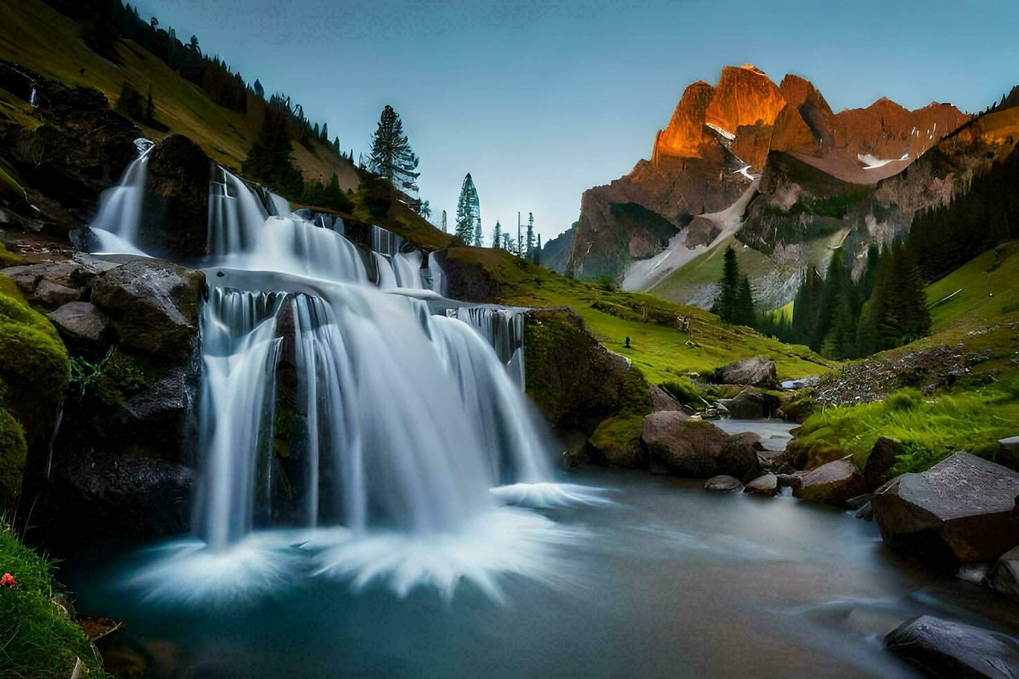 the sun sets over the mountains and waterfall. AI-Generated photo