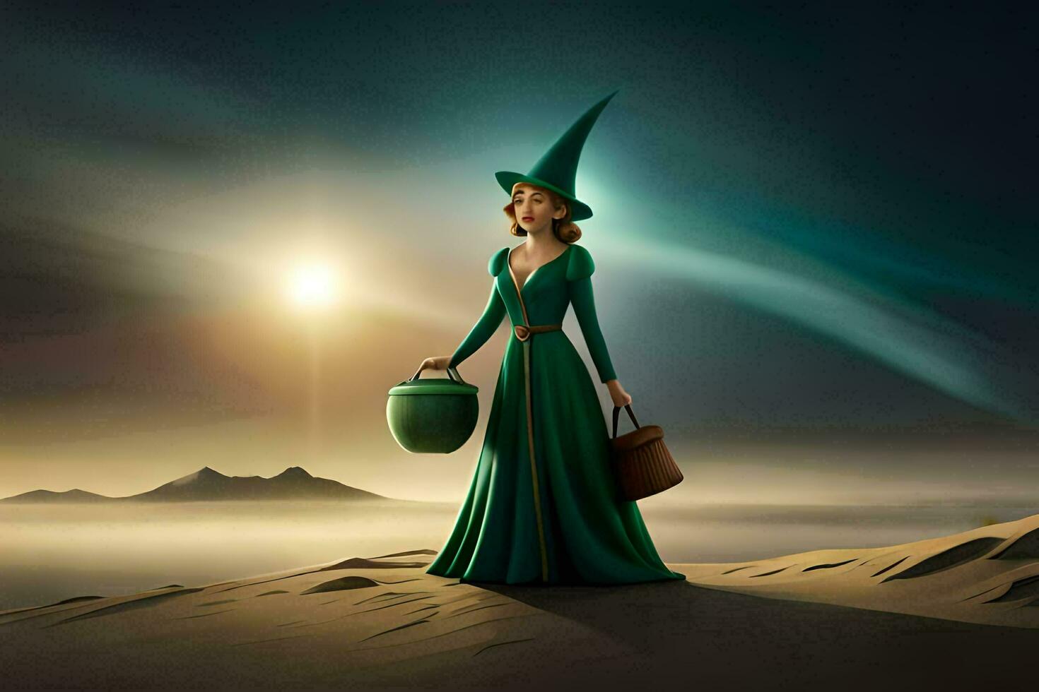 a woman in a green dress holding a pot and a bucket. AI-Generated photo