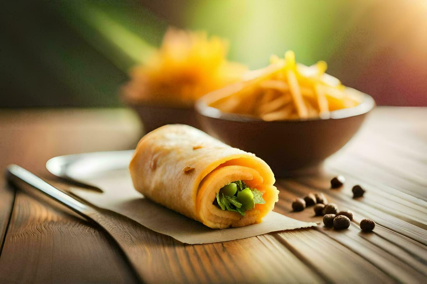 a wrap with cheese and vegetables on a wooden table. AI-Generated photo