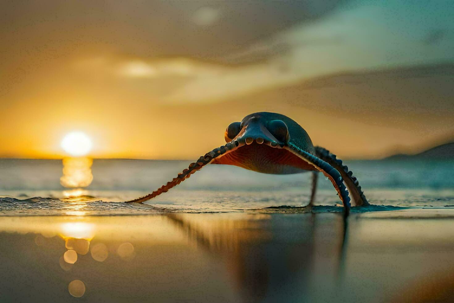 a small octopus is walking on the beach at sunset. AI-Generated photo
