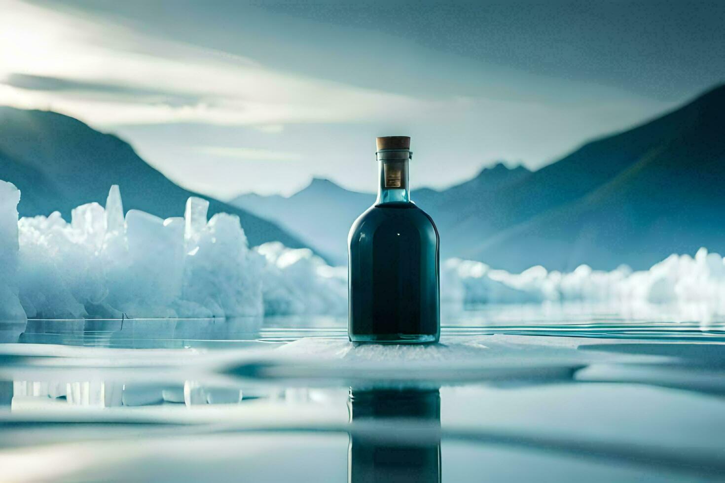 a bottle of wine sits on the ice in front of mountains. AI-Generated photo