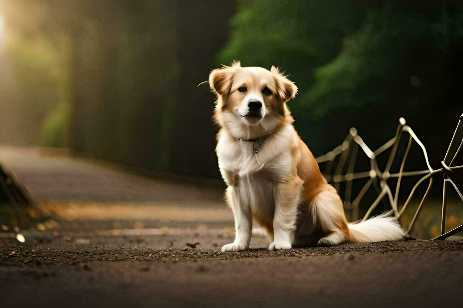 a dog sitting on a road in the woods. AI-Generated photo