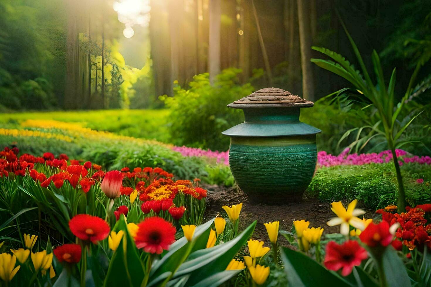 a vase of flowers in a garden with the sun shining. AI-Generated photo