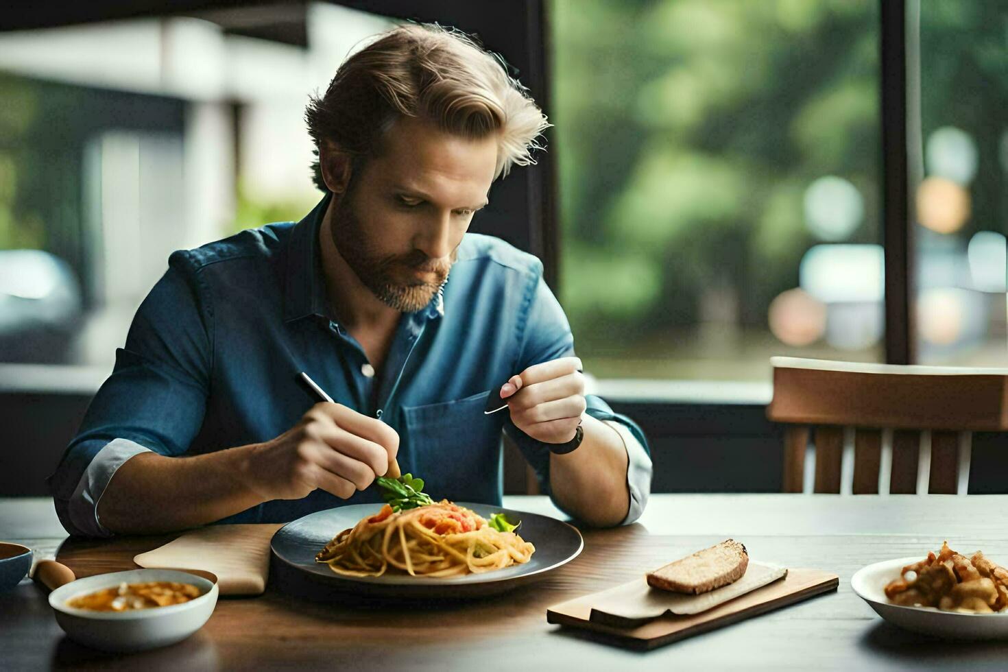 a man eating spaghetti in a restaurant. AI-Generated photo