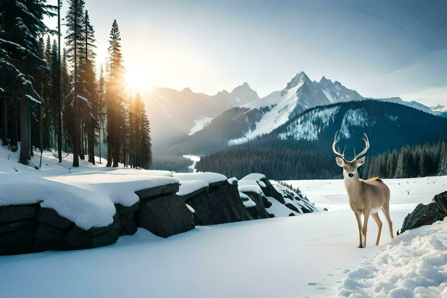 a deer stands in the snow in front of a mountain. AI-Generated photo
