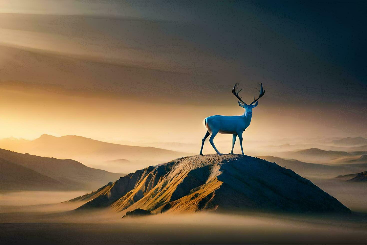 a deer stands on top of a mountain at sunset. AI-Generated photo