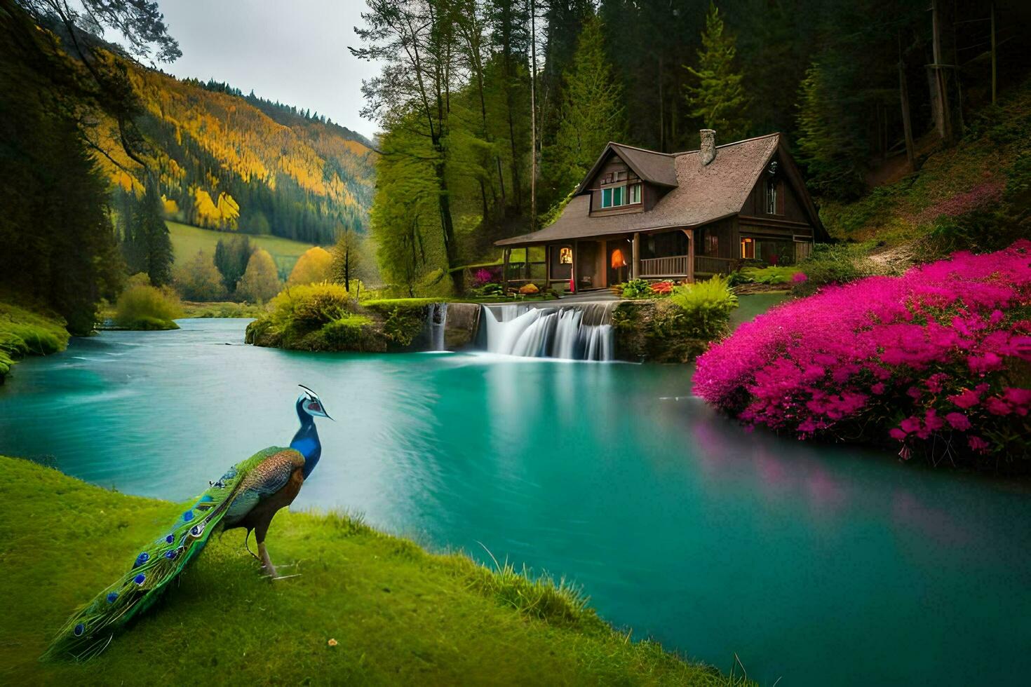 beautiful peacock in front of a cabin by the river. AI-Generated photo