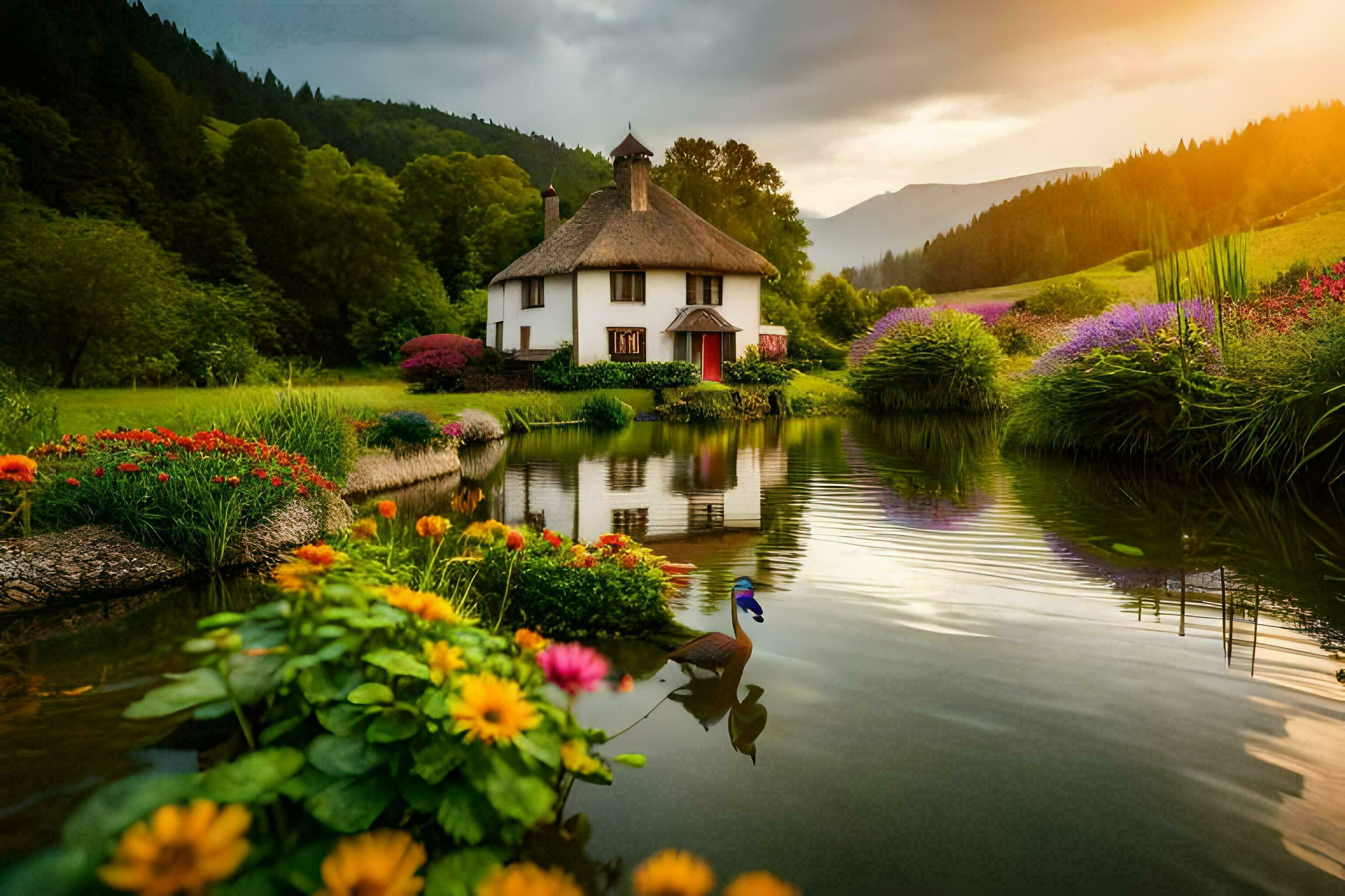 the house is surrounded by flowers and a pond. AI-Generated