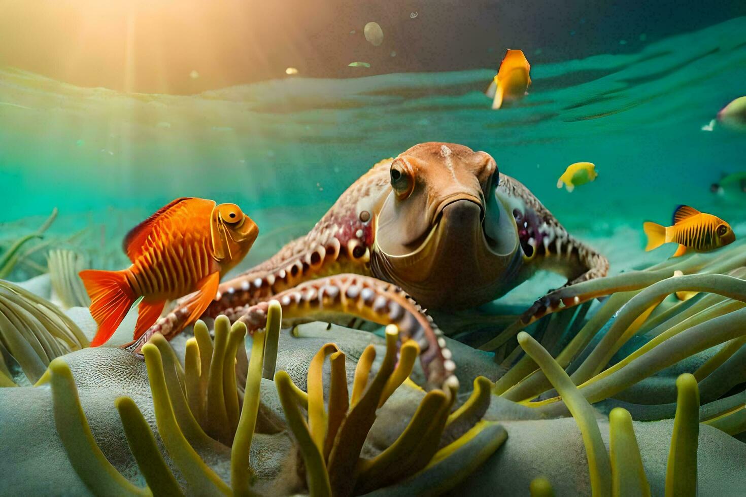 an octopus and fish in the ocean. AI-Generated photo