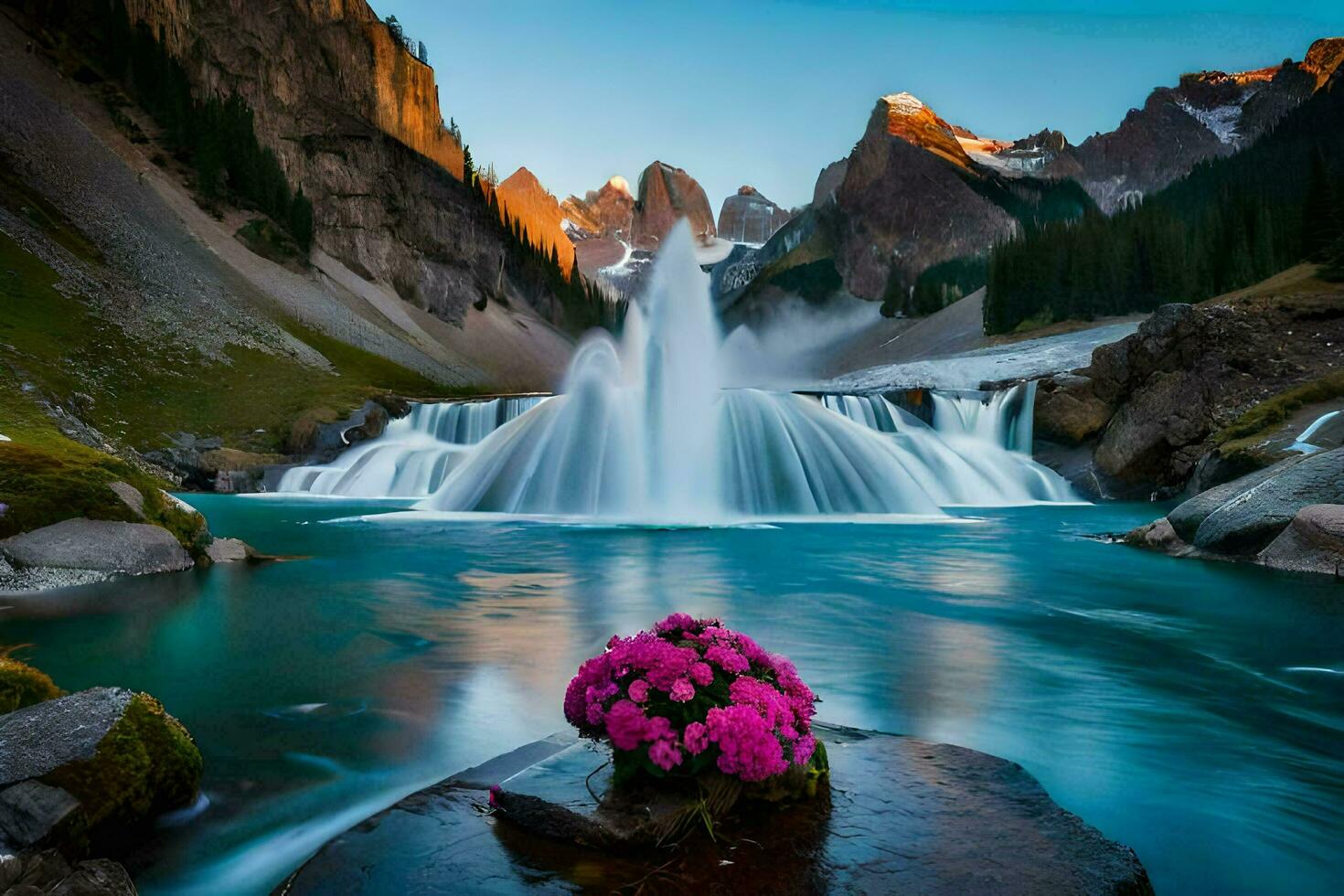 the waterfall in the background is a beautiful sight. AI-Generated photo