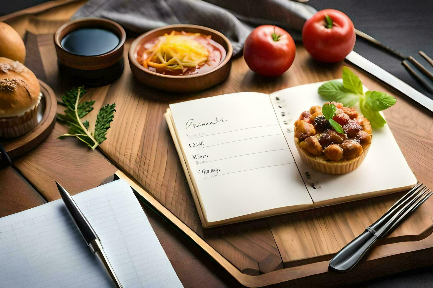 un cuaderno con un magdalena y un cuchillo en un de madera corte tablero. generado por ai foto