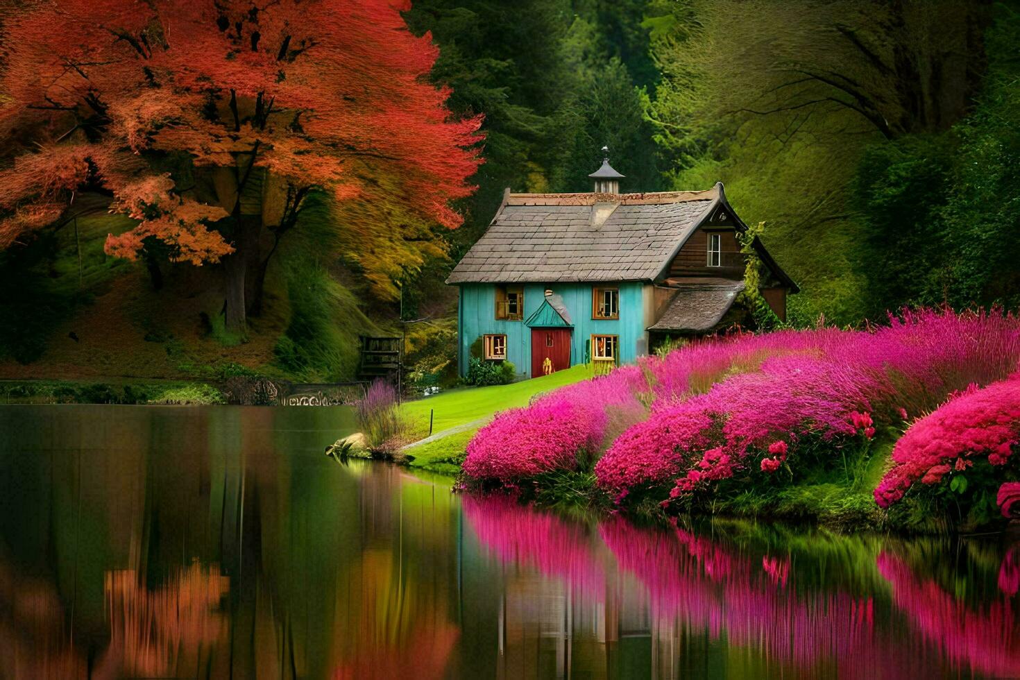 colorful house on the lake with colorful flowers. AI-Generated photo