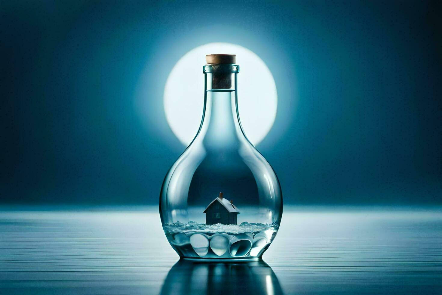 a bottle with a house inside of it on a table. AI-Generated photo