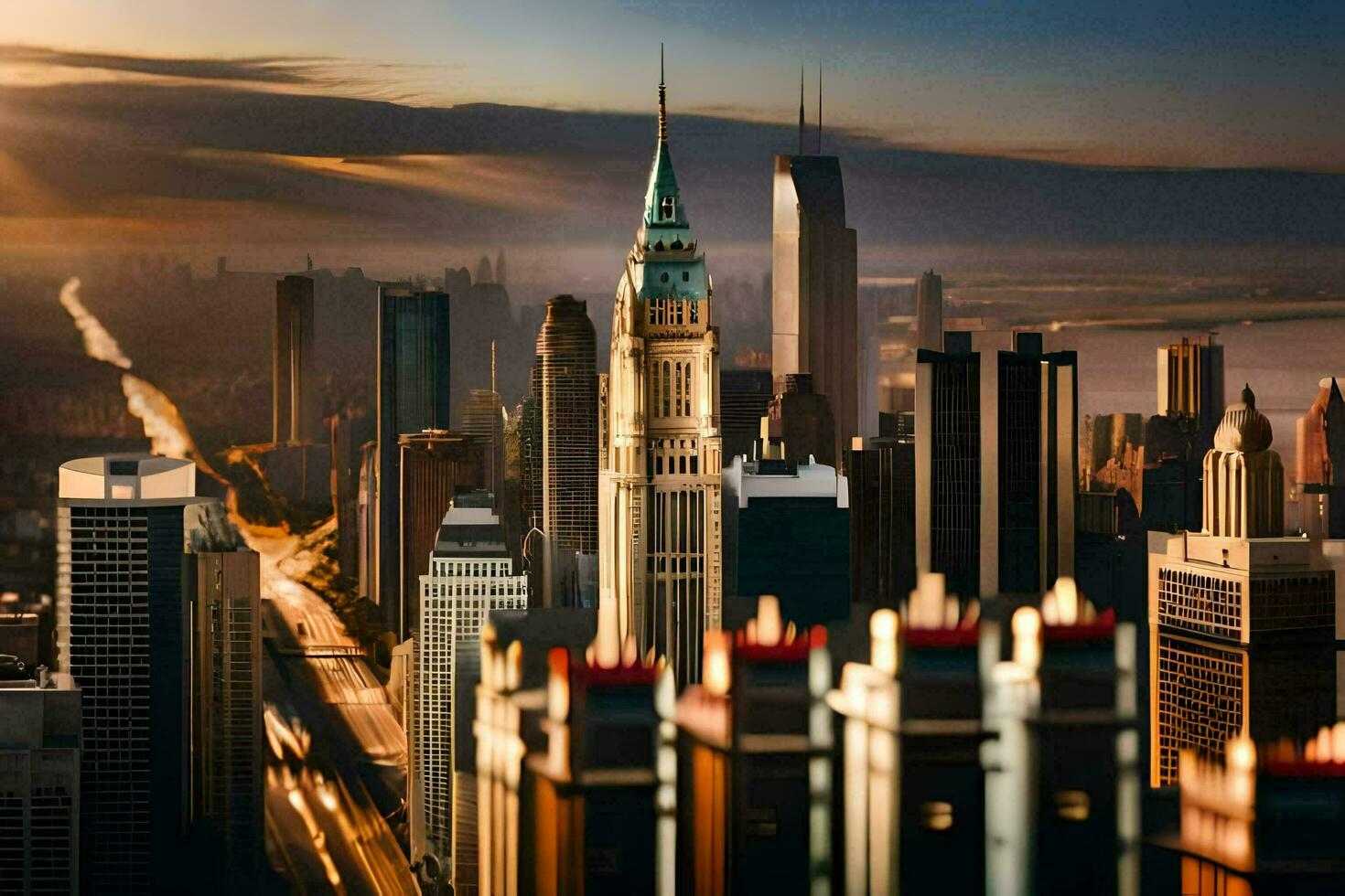 the chicago skyline at sunset. AI-Generated photo