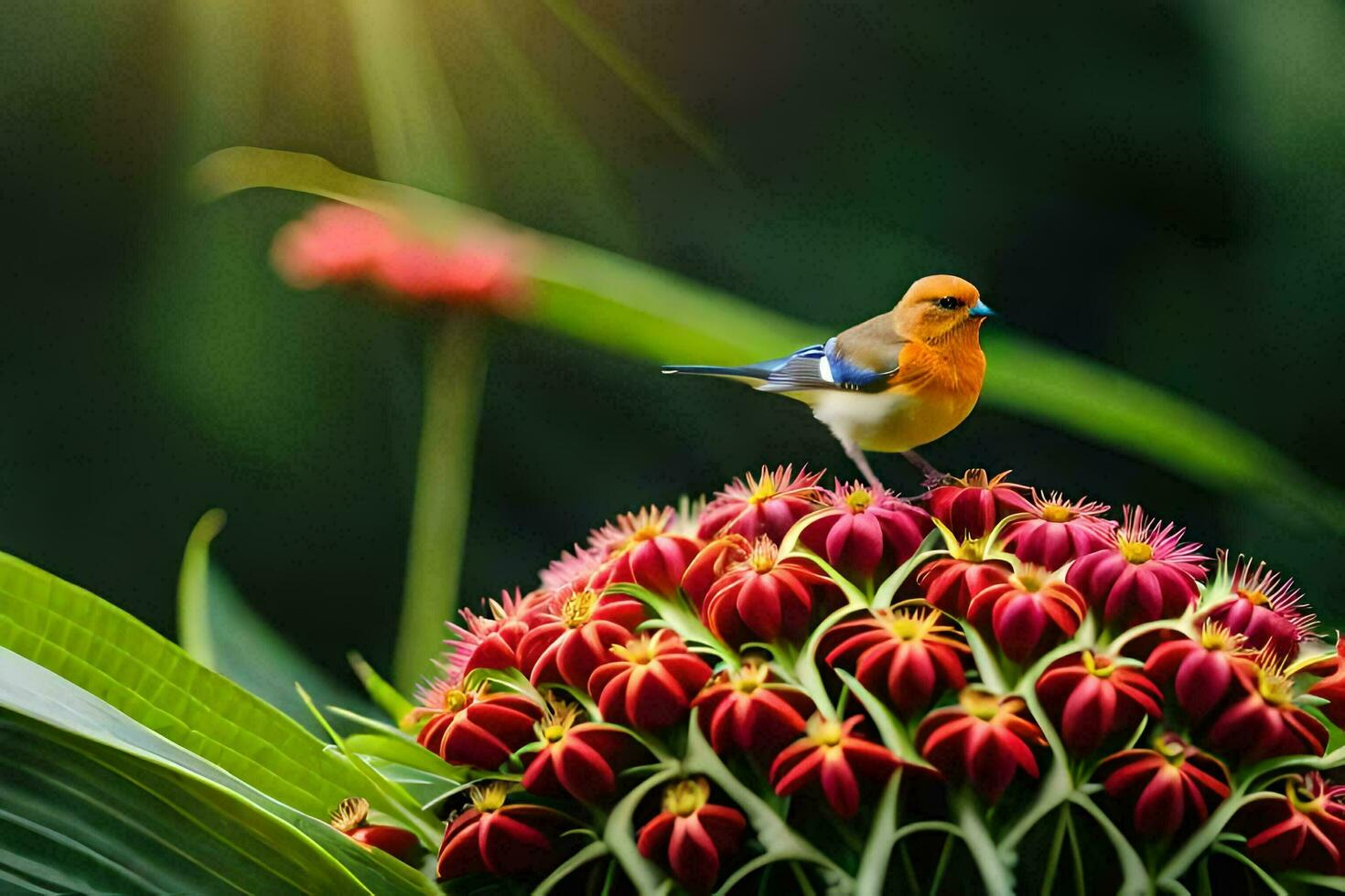 a small bird is perched on top of a flower. AI-Generated photo