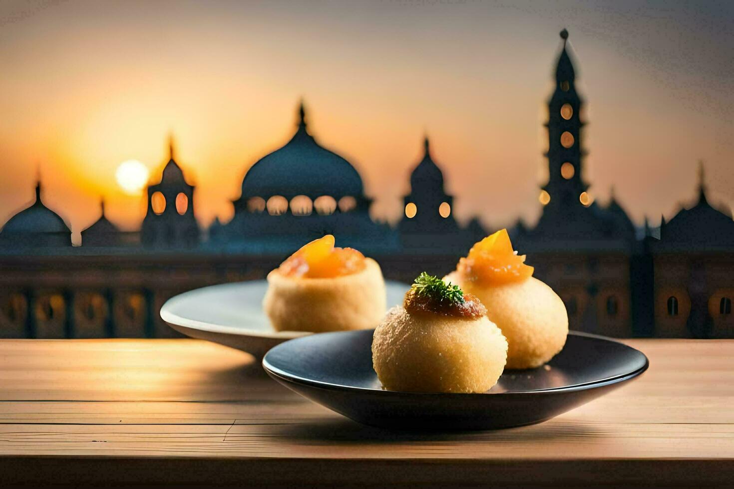 two small plates with food on a table in front of a city skyline. AI-Generated photo