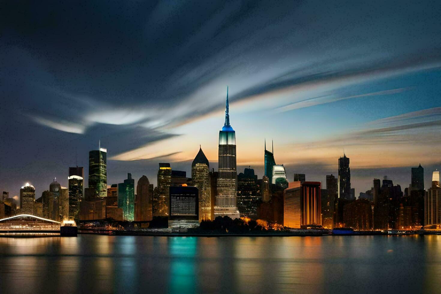 el Manhattan horizonte a noche. generado por ai foto