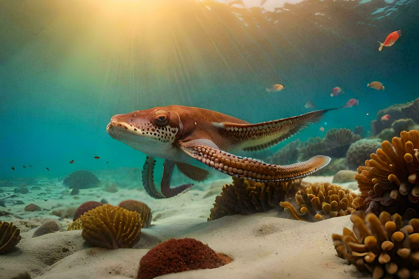 a cuttlefish swims in the ocean with coral reefs. AI-Generated photo