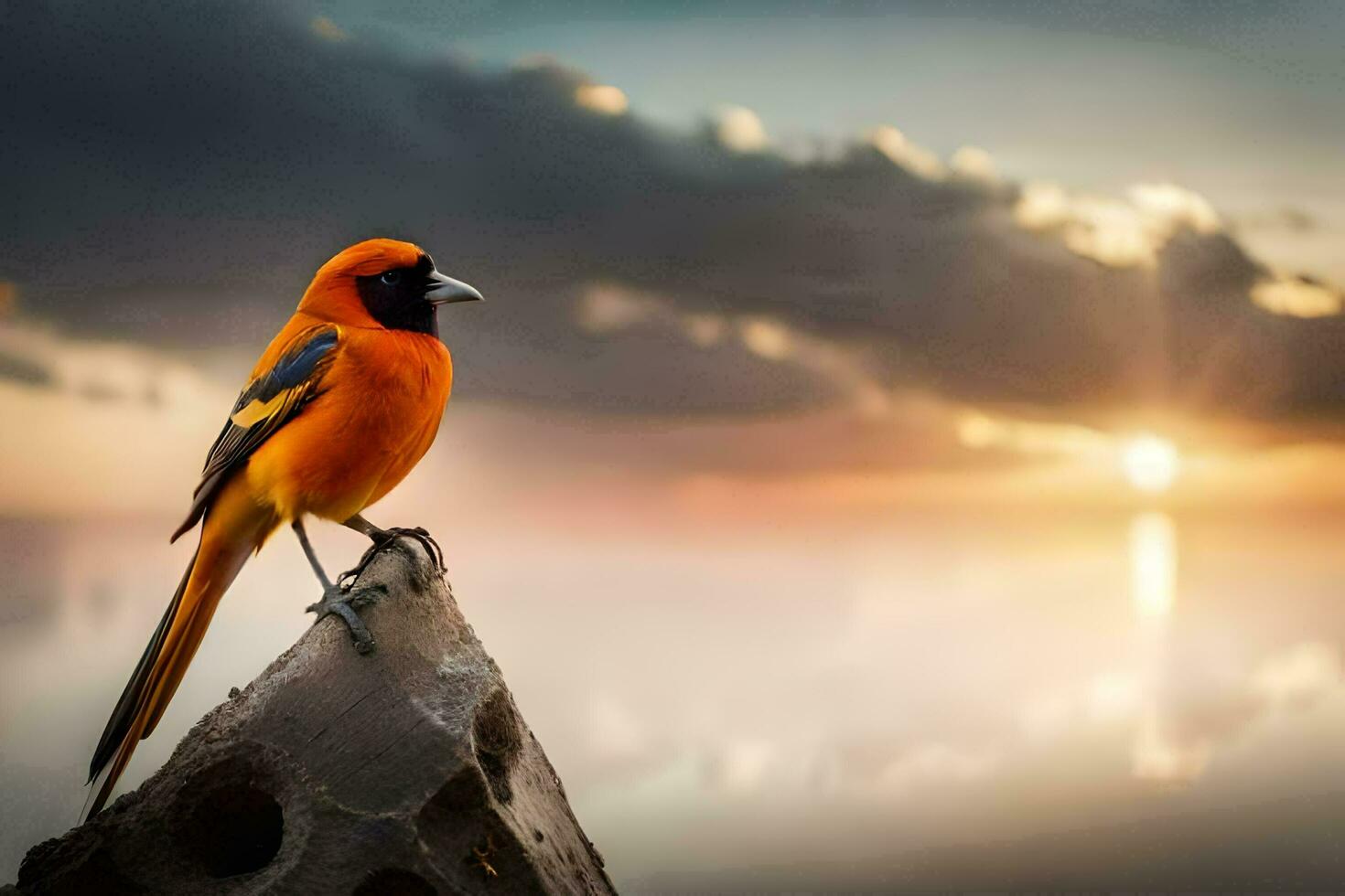 a bird sits on a rock in front of the sunset. AI-Generated photo