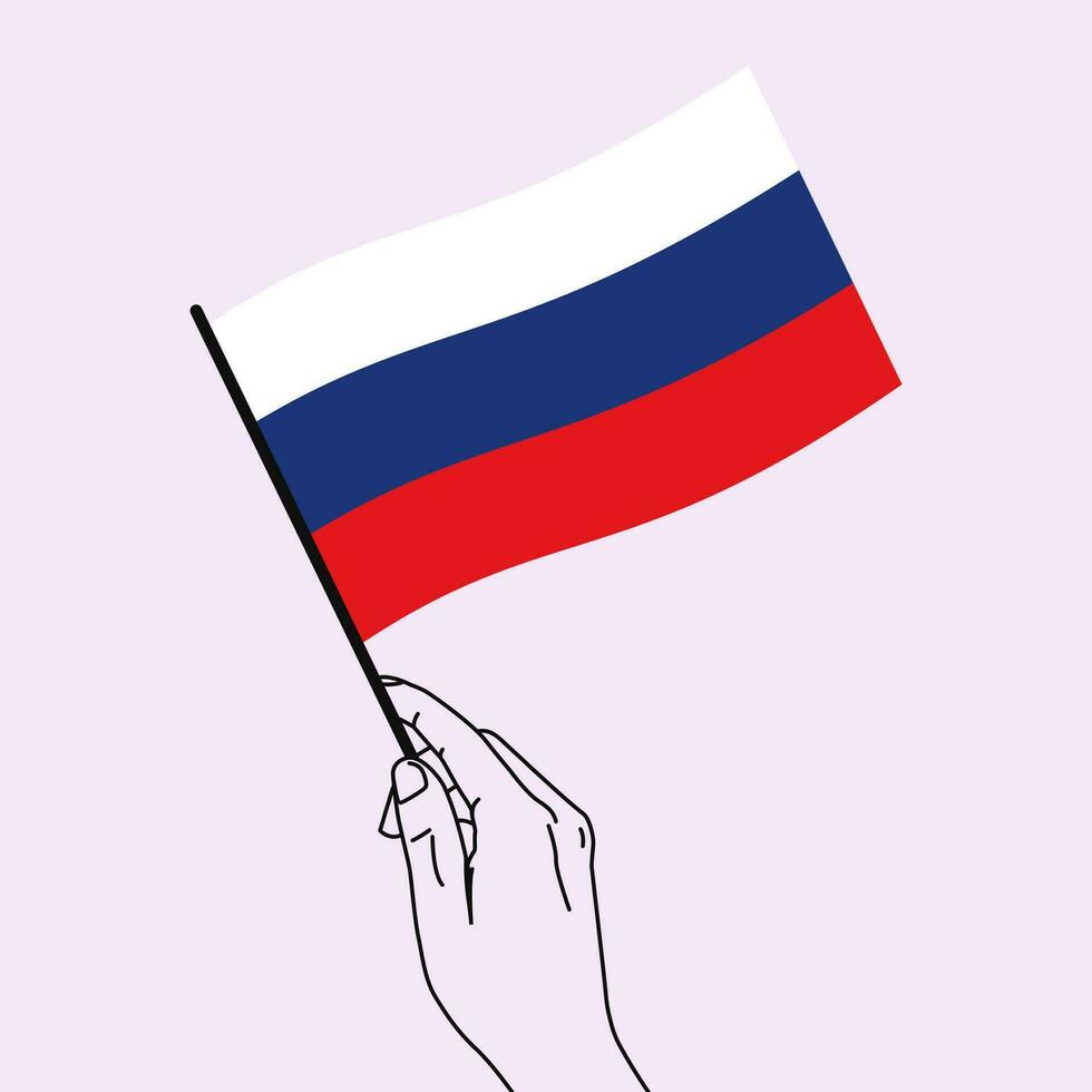 Hand holding Russia flag with line art style. Russia Flag. Vector illustration