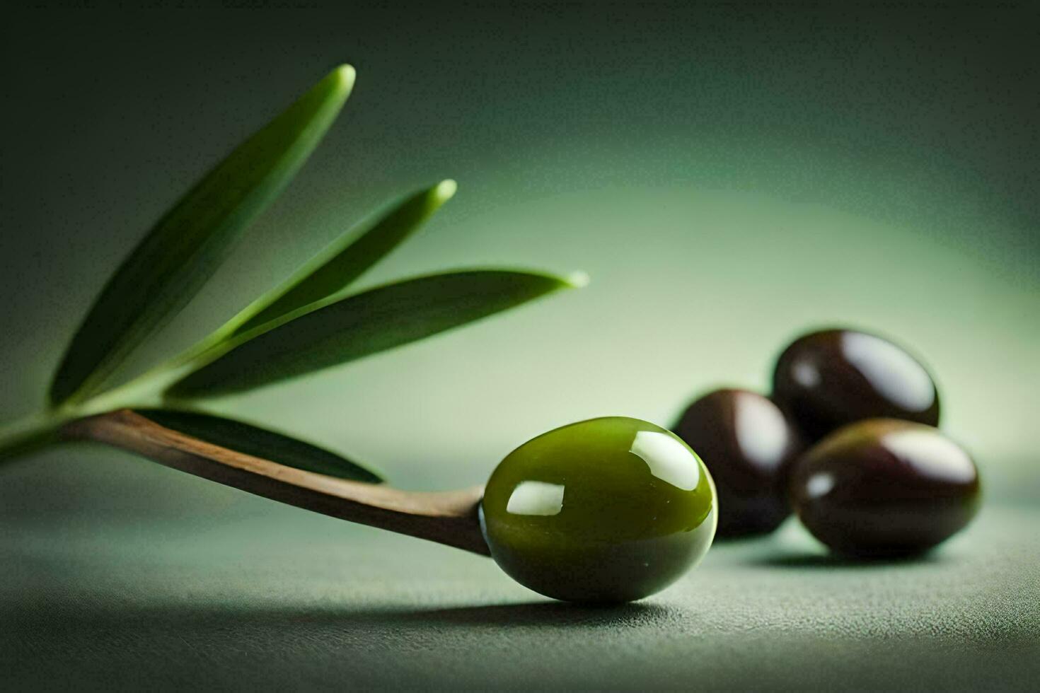 olives on a wooden spoon. AI-Generated photo