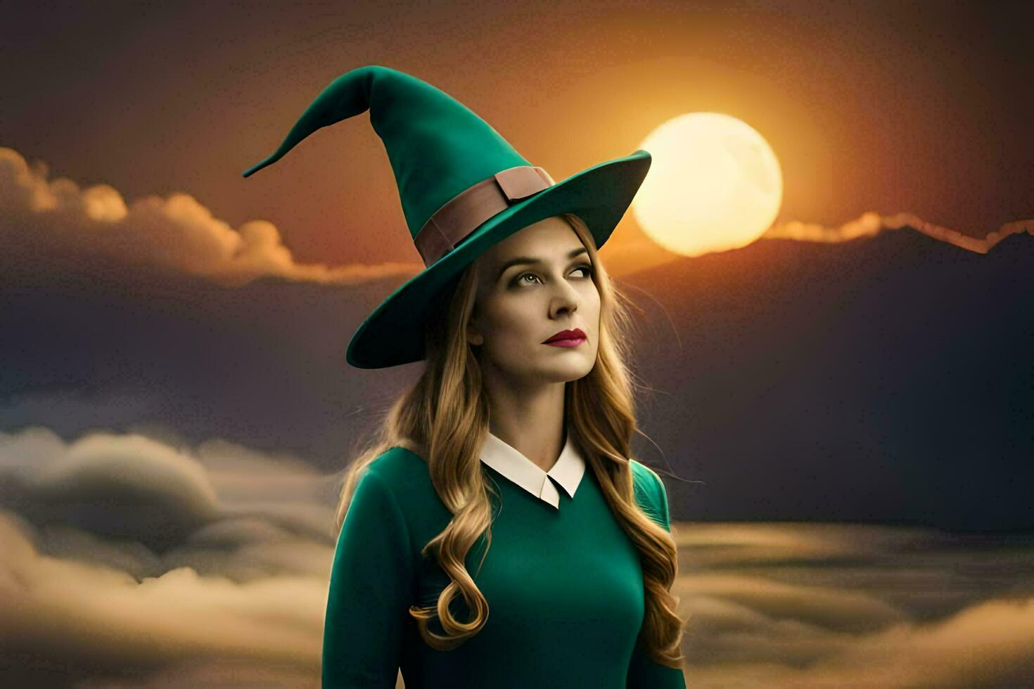 a beautiful woman in a green witch hat. AI-Generated photo