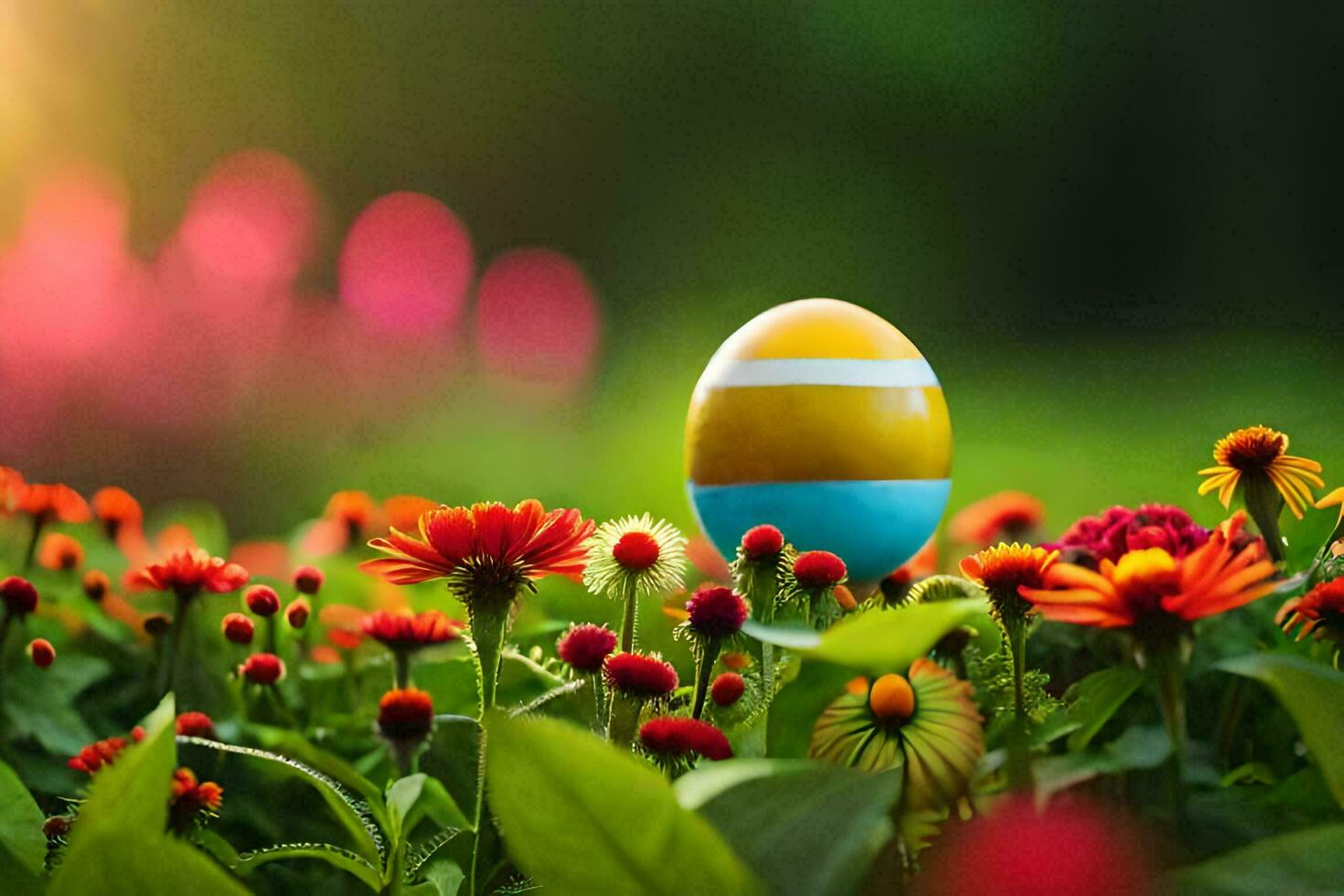 an easter egg is in the middle of a field of flowers. AI-Generated photo