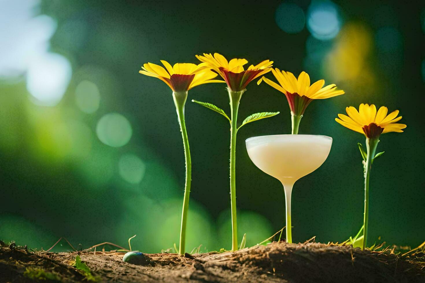 a glass of lemonade with yellow flowers in the dirt. AI-Generated photo