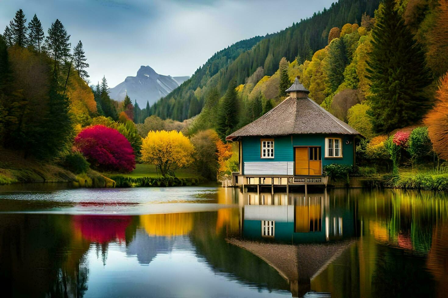 a small house sits on the edge of a lake surrounded by trees. AI-Generated photo