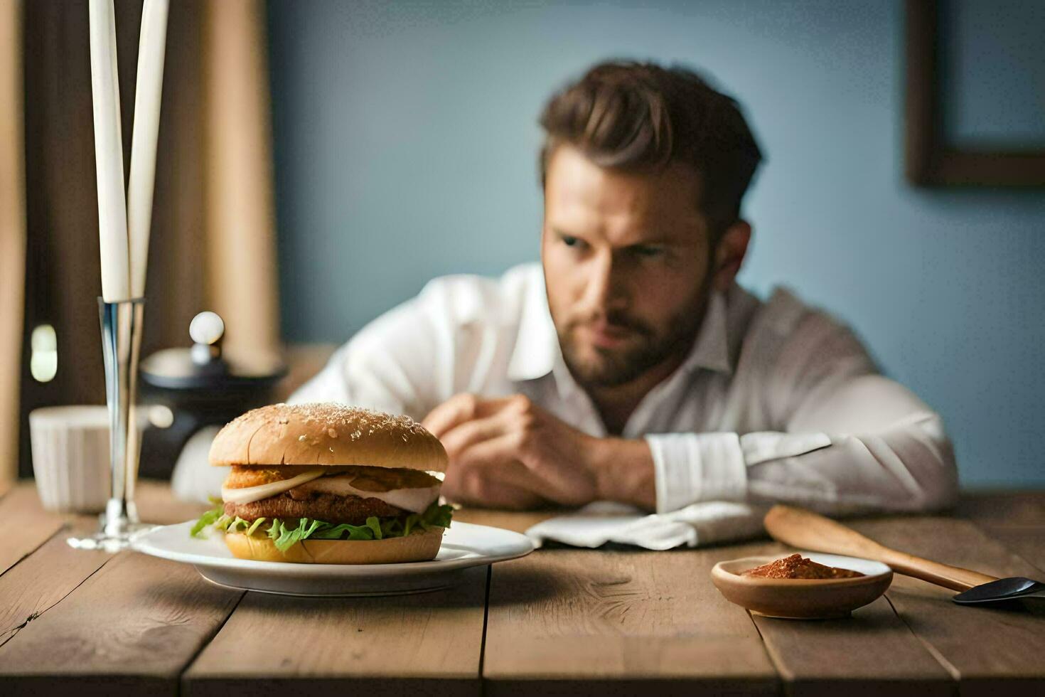 un hombre se sienta a un mesa con un hamburguesa y un vaso de vino. generado por ai foto