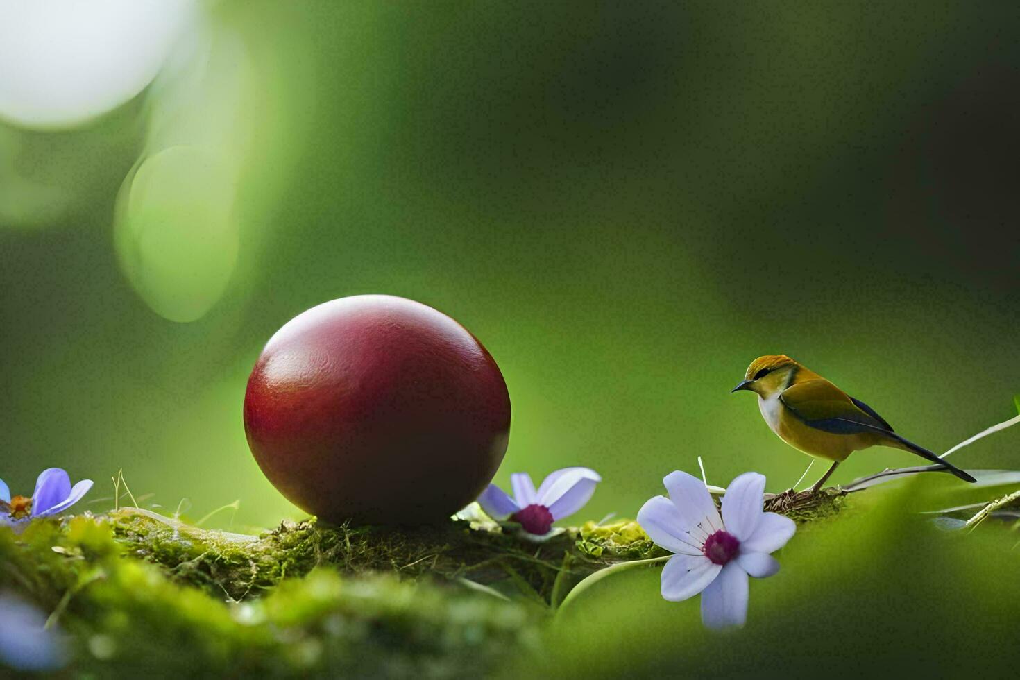 a bird and a red egg on a mossy ground. AI-Generated photo