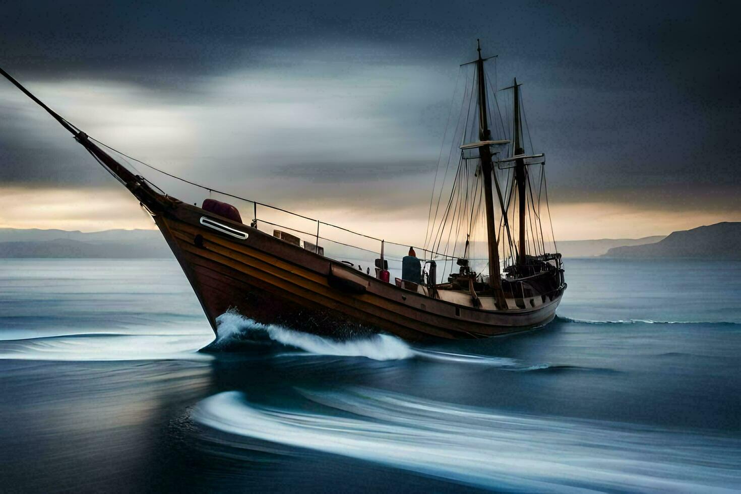 un barco en el Oceano con un Tormentoso cielo. generado por ai foto