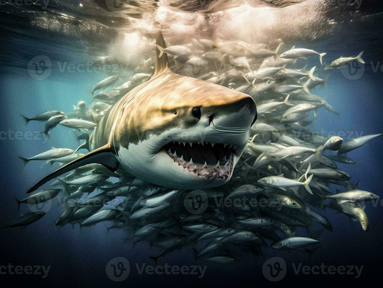 Dynamic Encounter Shark Attacking a School of Fish   generative ai photo