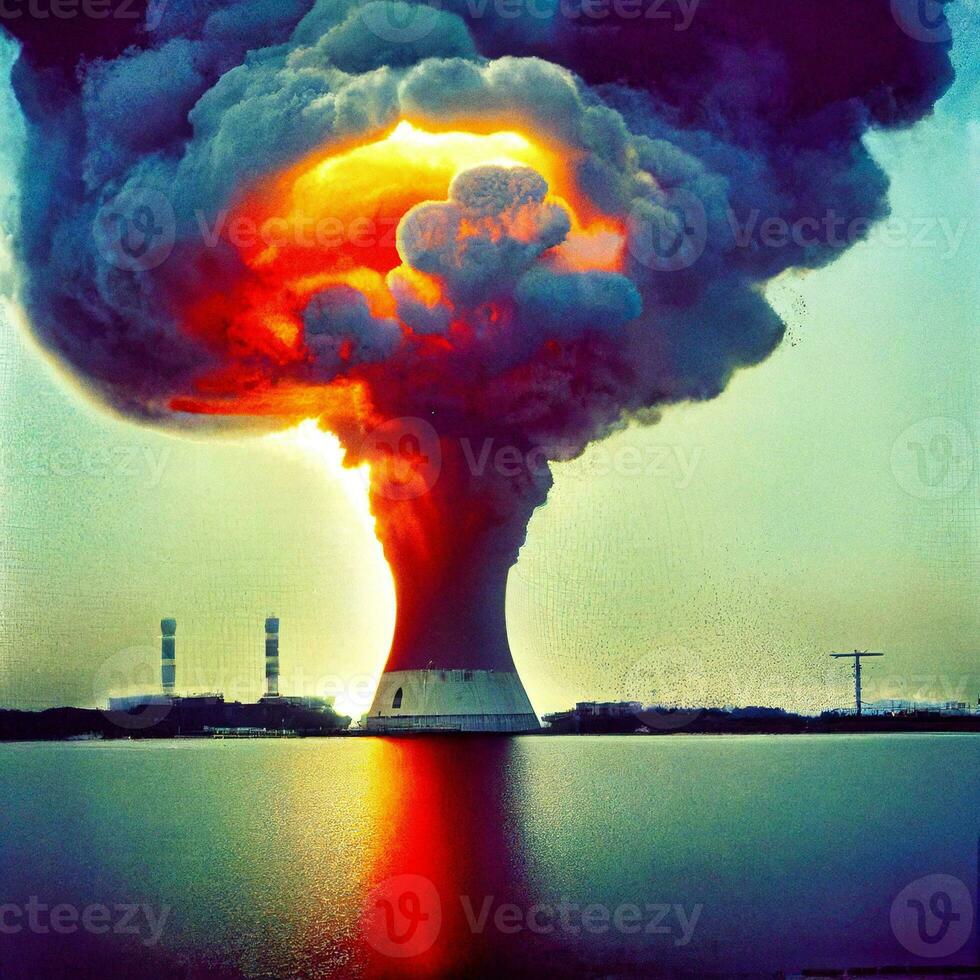 AI Generated Nuclear Plant Explosion Menacing Nuclear Mushroom Cloud photo