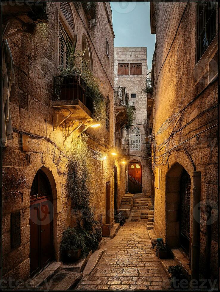 un vacío callejón en el antiguo ciudad de Jerusalén generativo ai foto