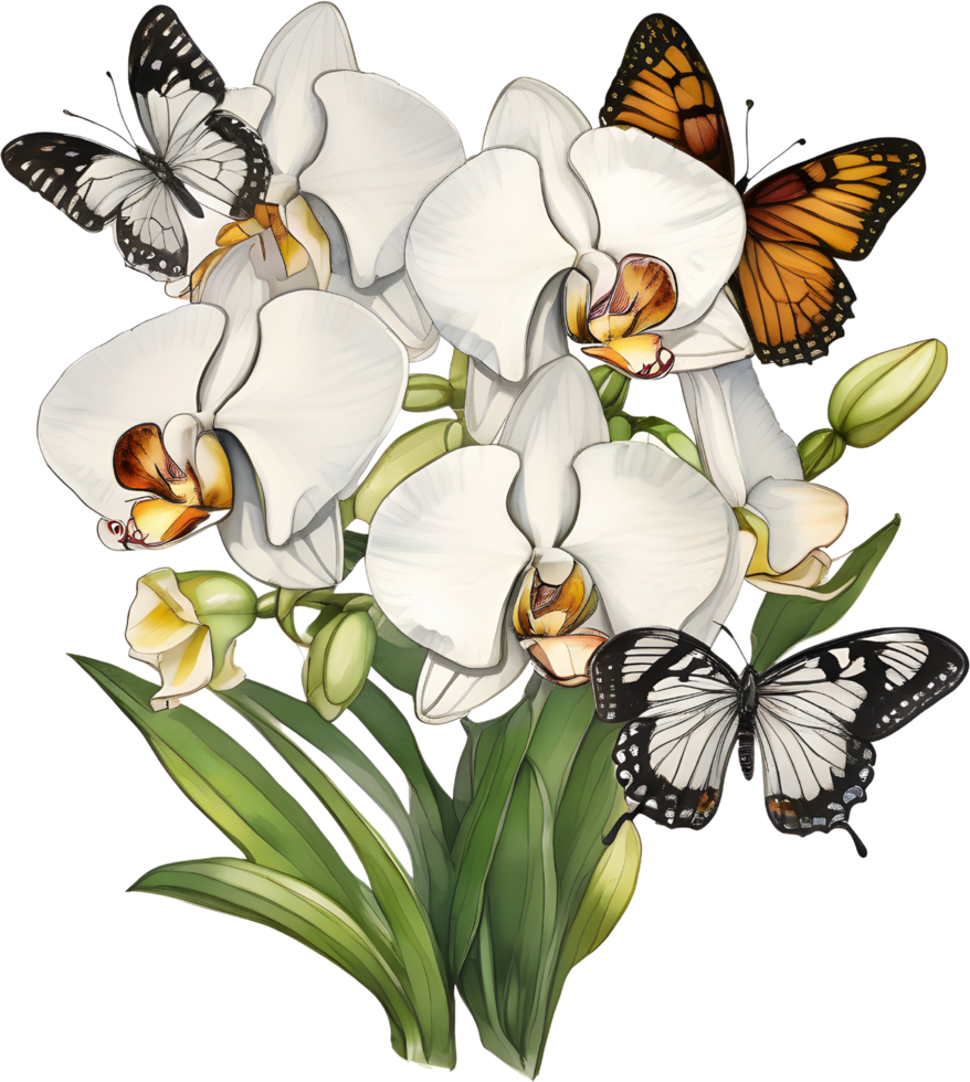 A painting of a bouquet of orchids and a butterfly. AI-Generated. png