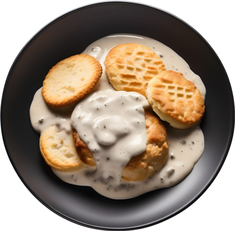 Image of Delicious-looking Biscuits and gravy. AI-Generated. png