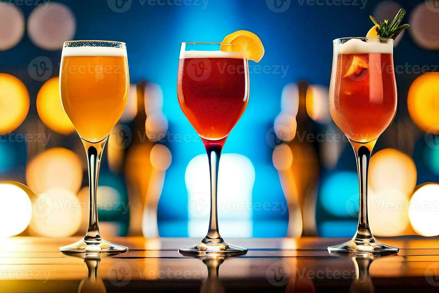three glasses of different colored drinks on a bar. AI-Generated photo