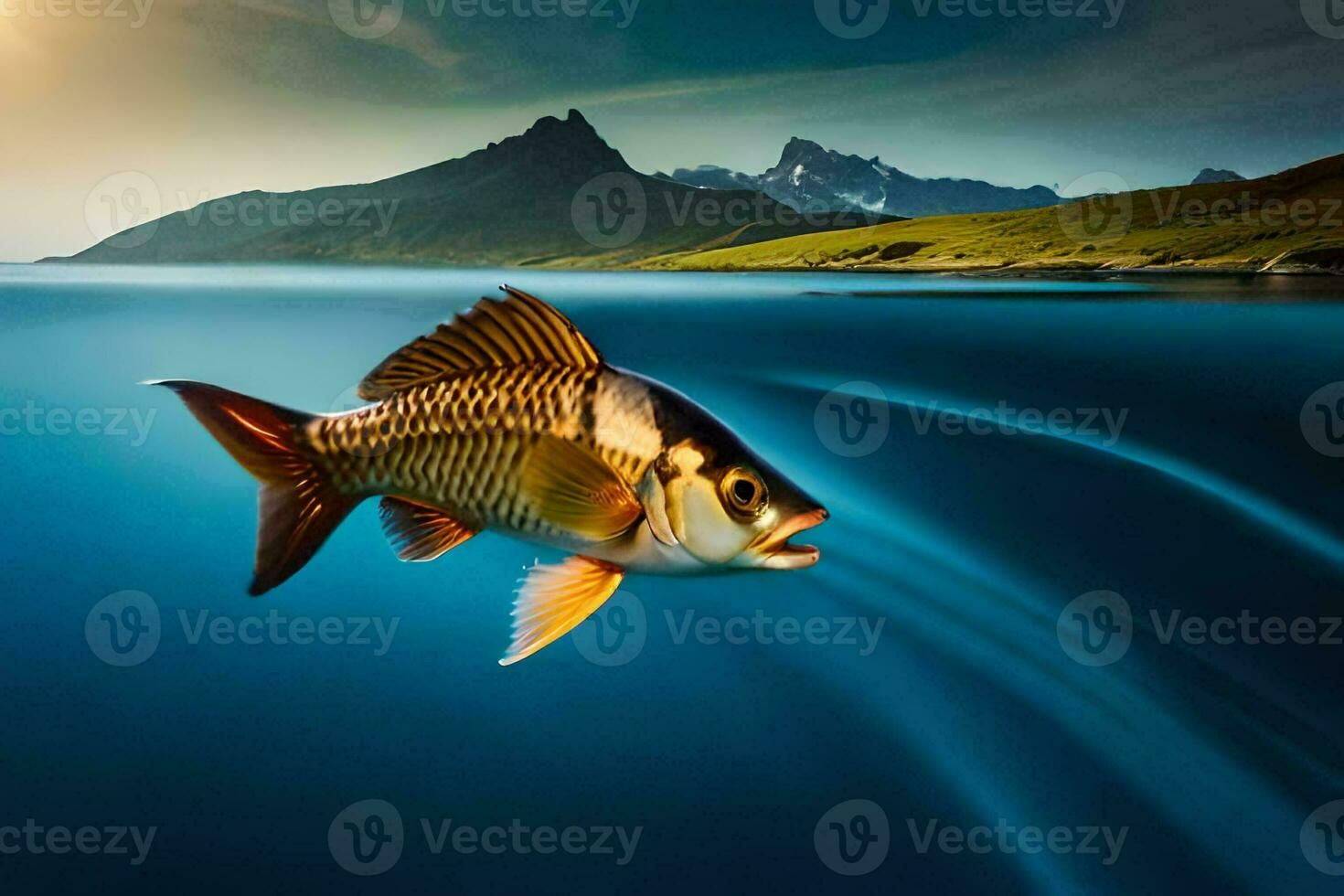 a fish swimming in the ocean with mountains in the background. AI-Generated photo